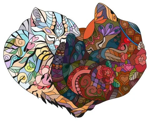 Zentangle two cats sleeping in shape of heart. For t-shirt design, print on o Illustrazione stock