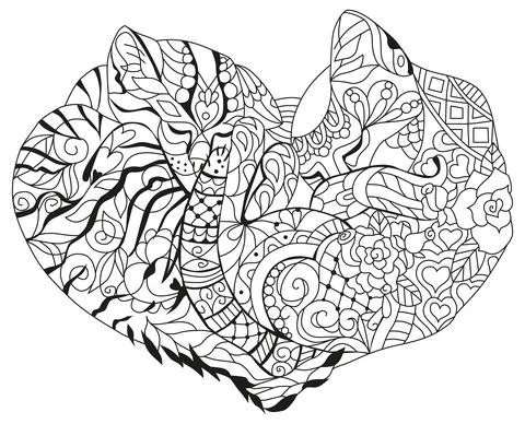 Zentangle two cats sleeping in shape of heart. For coloring, t-shirt design, Illustrazione stock