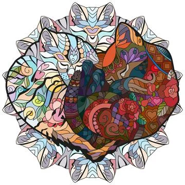 Zentangle two cats sleeping in shape of heart. For t-shirt design, print on o Illustrazione stock