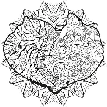 Zentangle two cats sleeping in shape of heart. For coloring, t-shirt design, Illustrazione stock