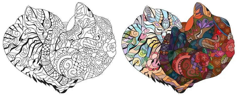 Zentangle two cats sleeping in shape of heart. For t-shirt design, print on Illustrazione stock