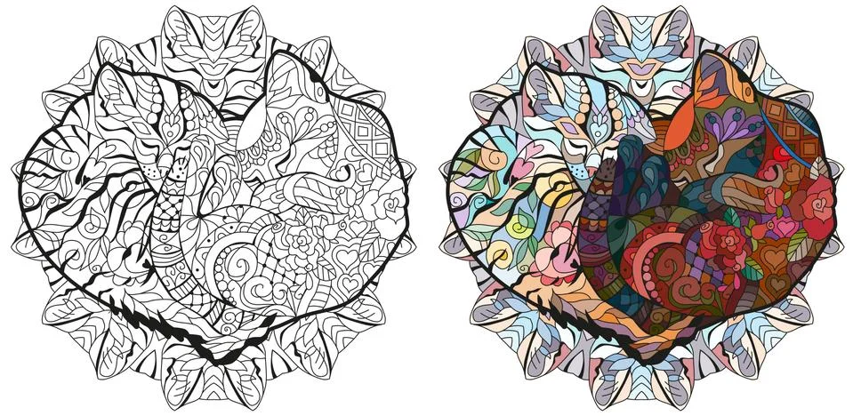 Zentangle two cats sleeping in shape of heart. For coloring, t-shirt design Illustrazione stock