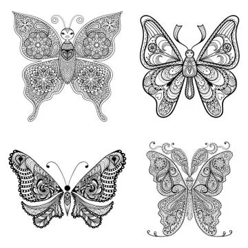Zentangle vector black Butterflies set  for adult anti stress co Stock-Illustration