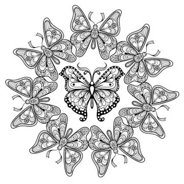 Zentangle vector circle of flying Butterflies for adult anti str Stock Illustration
