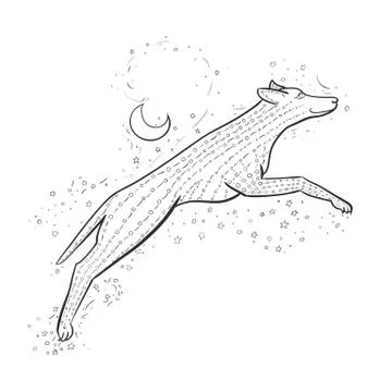 Zentangle wolf jumps on background night sky. 2018 New year vector illustrati イラスト素材