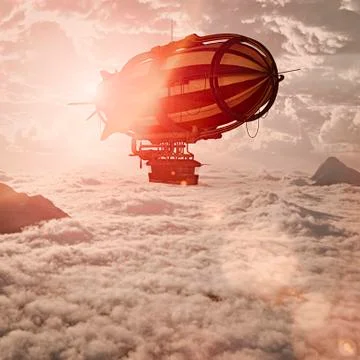 Zeppelin flying above clouds Illustrazione stock