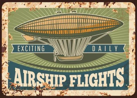 Zeppelin rusty metal plate, vector vintage airship Illustrazione stock