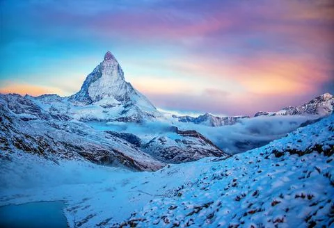 Zermatt, Matterhorn on a snowy morning at sunrise Stock Photos