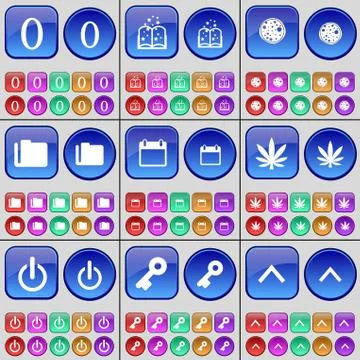 Zero, Book, Pizza, Folder, Calendar, Marijuana, Power, Key, Arrow up. A large se 스톡 일러스트