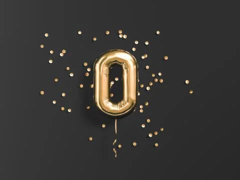 Zero counting concept. Number 0 flying foil balloon and gold confetti on blac Stock Illustration
