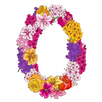Zero digit made of different flowers. Floral element of colorful alphabet mad Stock Illustration