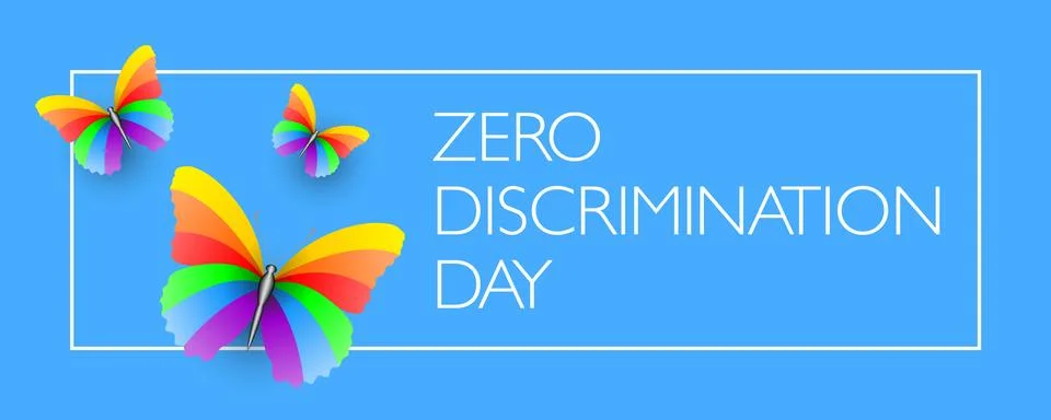 Zero Discrimination Day vector design with rainbow butterflies blue background 스톡 일러스트