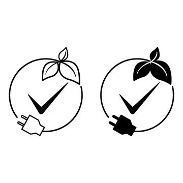 Zero Emission Icons. Black and White Vector Icons of Leaves and Electric Ch.. Stock Illustration