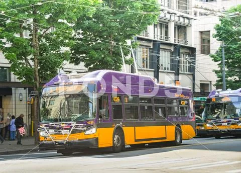 Zero emissions electric trolley bus in Seattle Stock Photos