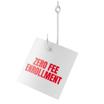 Zero Fee Enrollment note on fishing hook, bait concept. 3D rendering Stockillustratie