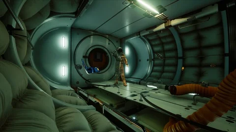 Zero-gravity astronaut dances through futuristic corridors Stock Footage 128159445