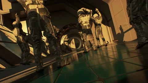 Zero-gravity dance battle electrifies the spaceship crew Stock Footage 147439874