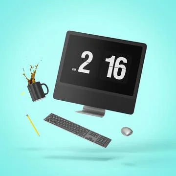 Zero gravity flying desktop computer 3 D Illustration Stock Illustration