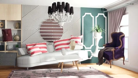 Zero Gravity Sofa hovering in living room. 3D Illustration Stock Footage 144595020