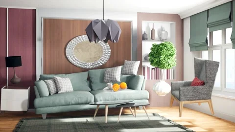 Zero Gravity Sofa hovering in living room. 3D Illustration Stock Footage 144595142