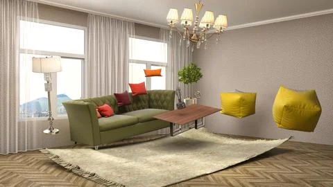 Zero Gravity Sofa hovering in living room. 3D Illustration Illustration