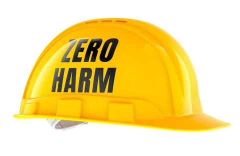 Zero Harm, yellow construction helmet with inscription. 3D rendering Stock Illustration