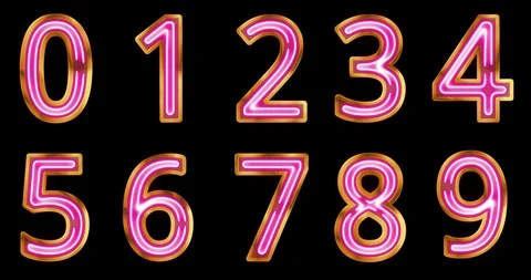 Zero to nine golden numbers set with pink glowing neon light in center Stock Footage 119329742
