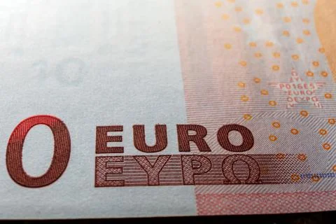 Zero null euro banknote macro depicting recession of EU economics, budget crisis Stock Photos
