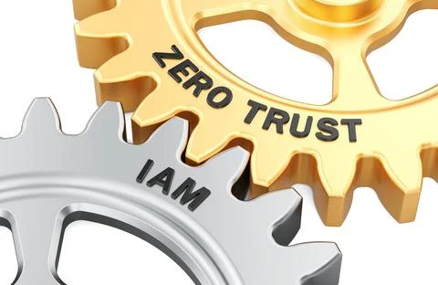 Zero Trust and IAM concept with interlocking gears. 3D rendering Illustrazione stock