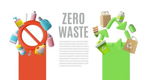 Zero waste 3D cartoon vector banner, green recycle sign and red stop sign, .. Illustrazione stock