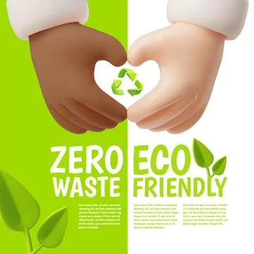 Zero waste and Eco friendly 3D cartoon vector design, heart hands gesture w.. Stock Illustration