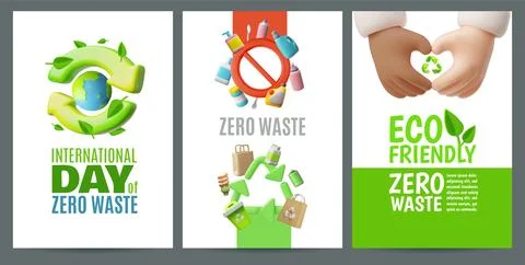 Zero waste and Eco friendly 3D cartoon posters vector design set, recycle and Stock Illustration