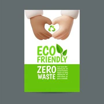 Zero waste and Eco friendly 3D cartoon vector poster, heart hands gesture with Stock Illustration