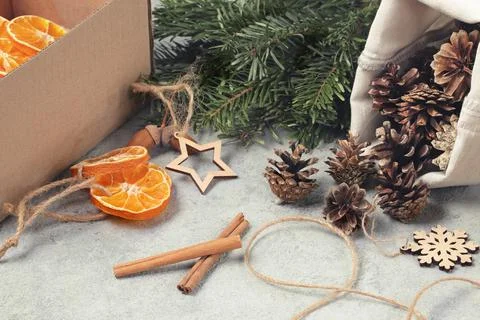 Zero waste and eco friendly christmas concept. Natural decorations and branch Stock Photos