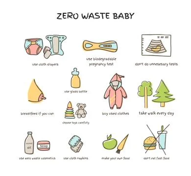 Zero waste baby elements vector doodle illustration Stock Illustration