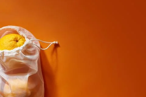 Zero waste. Bag with Ripe oranges. Shopping without plastic. Eco friendly Stock Photos
