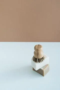 Zero waste bamboo brush with soap for dishwashing Stock Photos