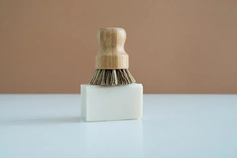 Zero waste bamboo brush with soap for dishwashing Stock Photos
