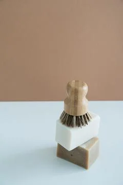 Zero waste bamboo brush with soap for dishwashing Stock Photos