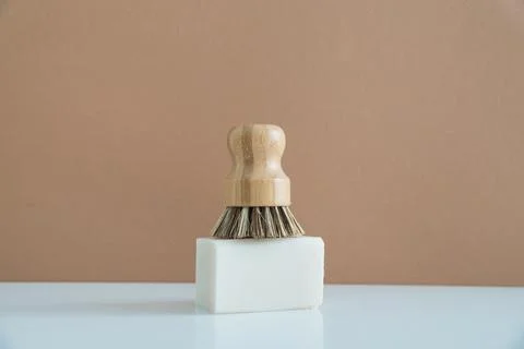 Zero waste bamboo brush with soap for dishwashing Stock Photos
