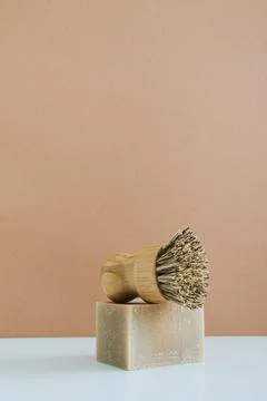 Zero waste bamboo brush with soap for dishwashing Stock Photos