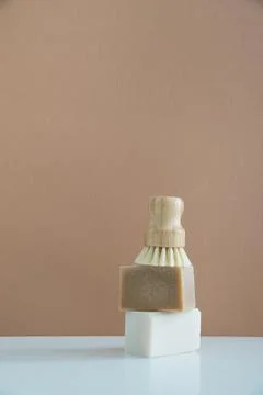 Zero waste bamboo brush with soap for dishwashing 스톡 사진