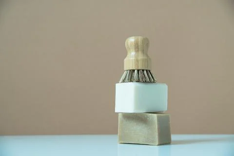 Zero waste bamboo brush with soap for dishwashing Stock Photos