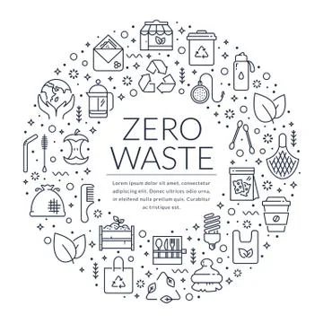 Zero waste banner with isolated line icons. Vector circle border. Stockillustratie