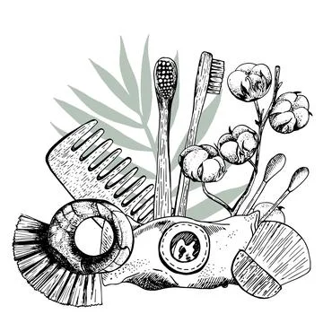 Zero waste bathroom accessories set. wooden comb, , bamboo toothbrush, cotton Stock Illustration