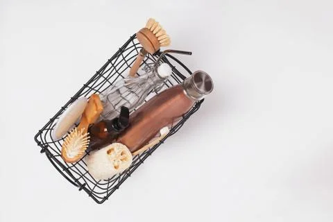 Zero waste bathroom and kitchen tools in metal basket Stock Photos