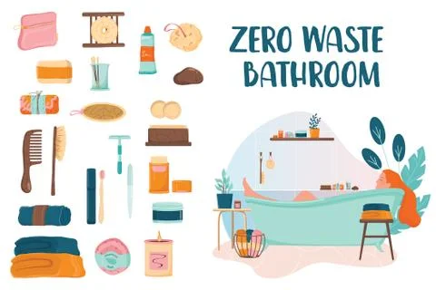 Zero waste bathroom set. Collection of eco elements for people Illustrazione stock