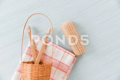 Zero waste Bathroom use less plastic concept / Floor brush , bamboo toothbrus Stock Photos