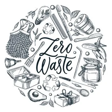 Zero waste calligraphy lettering poster design template. Vector sketch illust Stock Illustration