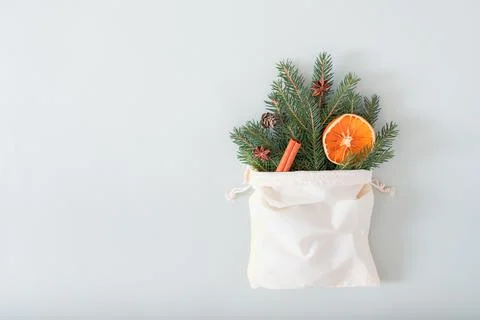 Zero waste Christmas composition from a bag. minimalist style wrapping, top view Stock Photos